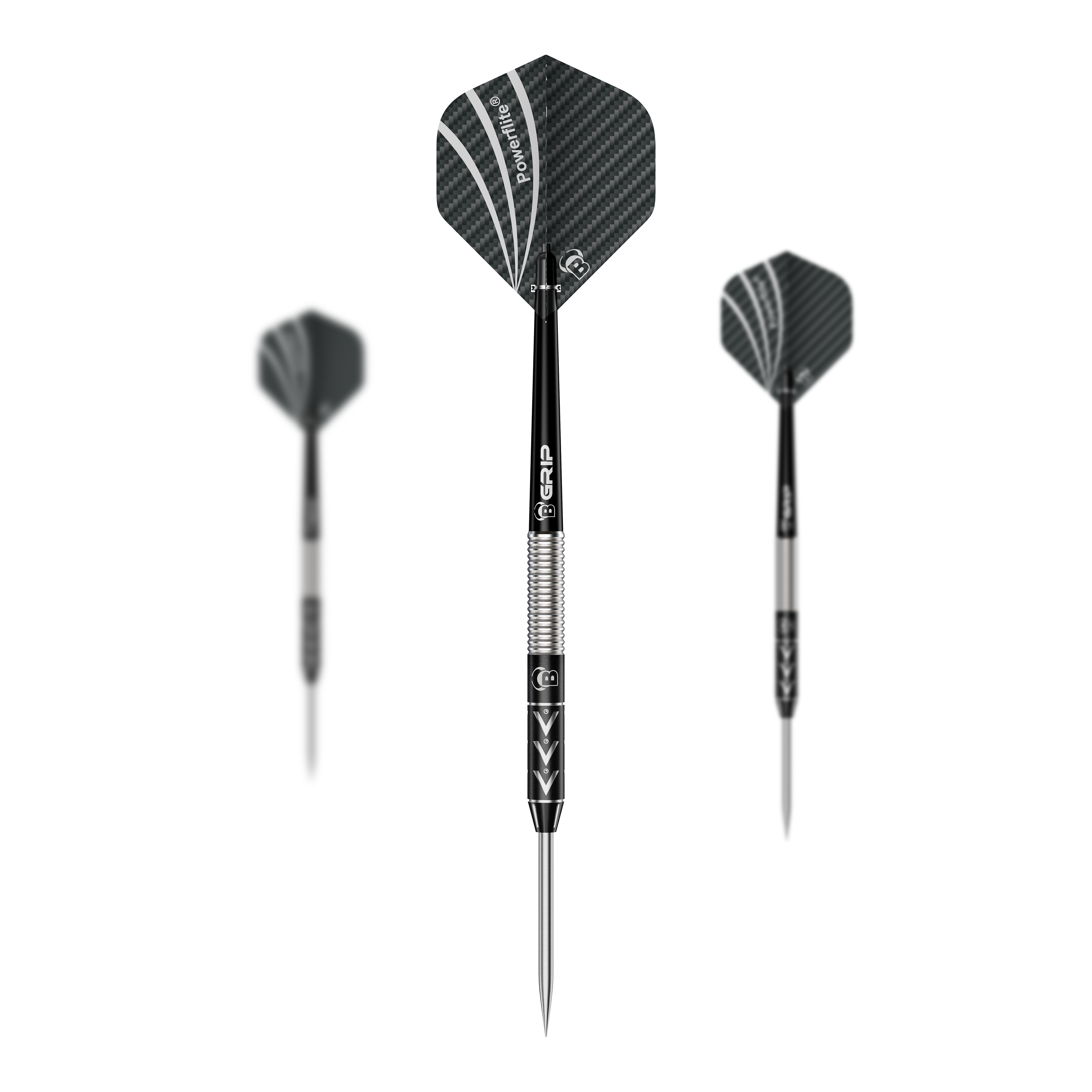 Das Bild zeigt drei Steeldarts des Modells "Bulls Challenger Arno Merk" mit einem Gewicht von 22g. Die Pfeile haben schwarze Flights mit silbernen Akzenten und einen silber-schwarzen Schaft.